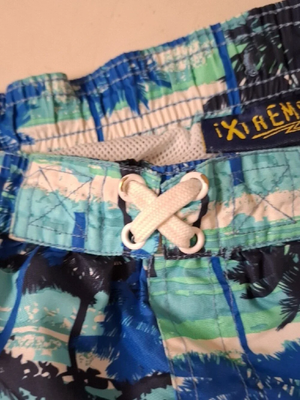 Kids Tropical Palm Print Swim Trunks - Blue & Green